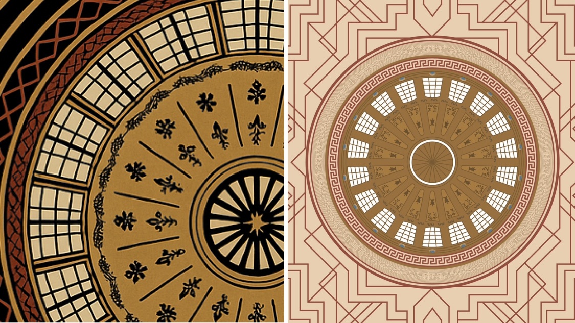 Ejemplo de calidad IA vs humana fruto de la investigación de ERRE, inspirada en la cúpula del Mercado Central de Valencia, aplicada después a los elementos decorativos del Grand Hotel Centenari Valencia.